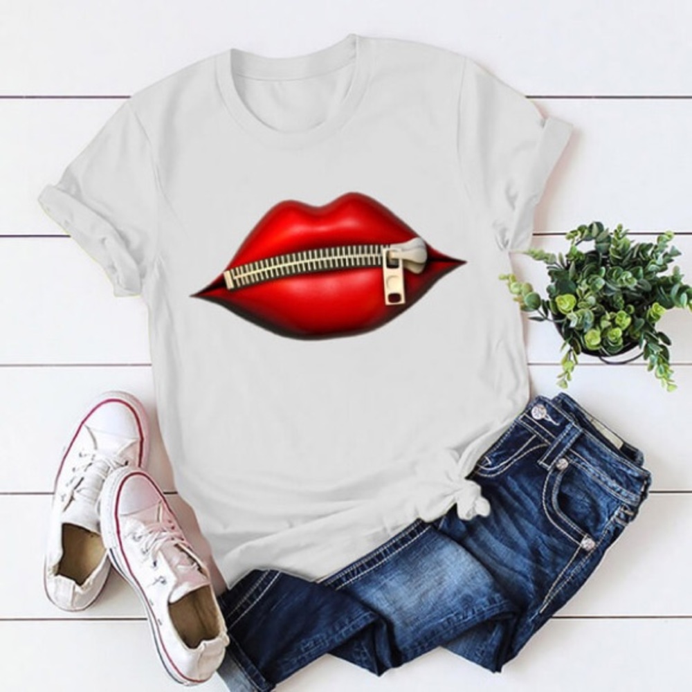 💋Sexy LIPS ZIP UP Short Sleeve WHITE TSHIRT 💯 COTTON Rare Shirt